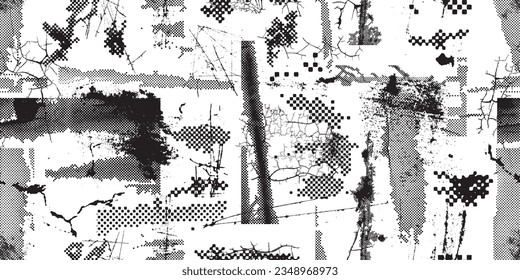 Formas abstractas de grisco distorsionadas. Los puntos de semitono tienen una textura de patrón sin fisuras. Formas negras. Grunge texturado. Formas vectoriales con puntos de medio tono .Imprimir pantalla textura de patrón interminable