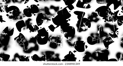 Glitch distorted grungy abstract forms . Blob shape organic seamless pattern texture. Fluid shapes .Grunge textured . Liquid vector shapes with halftone dots .Screen print endless pattern texture