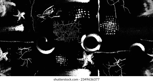 Glitch distorted grungy abstract forms . Halftone dots seamless pattern texture. Grange shapes .Grunge textured . Vector shapes with scratches and cracks  .Screen print endless pattern texture