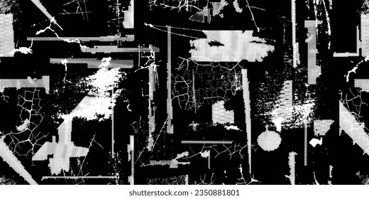 Glitch distorted grungy abstract forms . Halftone dots seamless pattern texture. Grange shapes .Grunge textured . Vector shapes with half tone dots .Screen print endless pattern texture