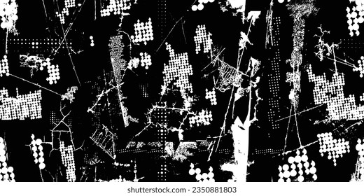 Glitch distorted grungy abstract forms . Halftone dots seamless pattern texture. Grange shapes .Grunge textured . Vector shapes with half tone dots .Screen print endless pattern texture