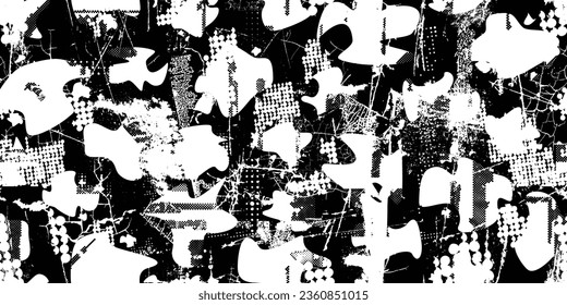 Glitch distorted grungy abstract forms . Blob shape organic seamless pattern texture. Fluid shapes .Grunge textured . Liquid vector shapes with halftone dots .Screen print endless pattern texture