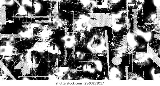 Glitch distorted grungy abstract forms . Blob shape organic seamless pattern texture. Fluid shapes .Grunge textured . Liquid vector shapes with halftone dots .Screen print endless pattern texture
