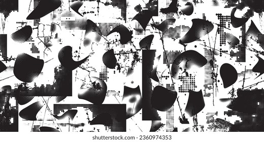 Formas abstractas de grisco distorsionadas. El blob da forma a la textura orgánica de patrón sin costura. Formas fluidas .Grunge texturado. Formas vectoriales líquidas con puntos de semitono .Textura de patrón interminable de impresión de pantalla