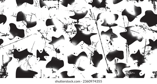 Formas abstractas de grisco distorsionadas. El blob da forma a la textura orgánica de patrón sin costura. Formas fluidas .Grunge texturado. Formas vectoriales líquidas con puntos de semitono .Textura de patrón interminable de impresión de pantalla
