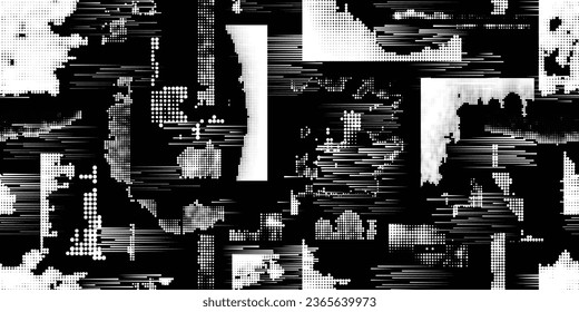 Glitch distorted grungy abstract forms . Halftone dots seamless pattern texture. Grange shapes .Grunge textured . Vector shapes with half tone dots .Screen print endless pattern texture