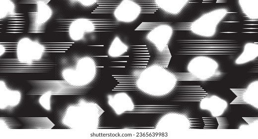 Glitch distorted grungy abstract forms . Halftone dots seamless pattern texture. Grange shapes .Grunge textured . Vector shapes with half tone dots .Screen print endless pattern texture
