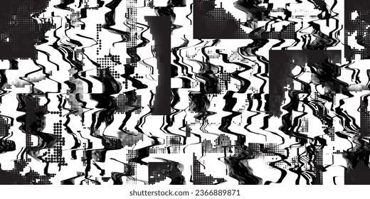 Glitch distorted grungy abstract forms . Halftone dots seamless pattern texture. Grange shapes .Grunge textured . Vector shapes with half tone dots .Screen print endless pattern texture