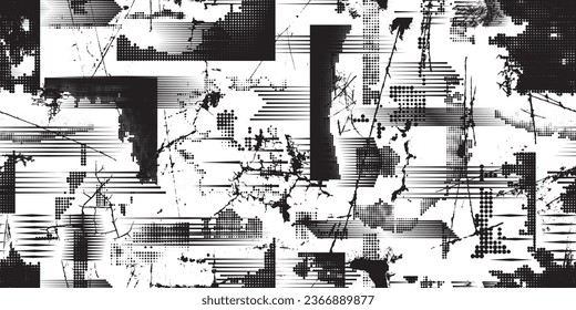 Glitch distorted grungy abstract forms . Halftone dots seamless pattern texture. Grange shapes .Grunge textured . Vector shapes with half tone dots .Screen print endless pattern texture
