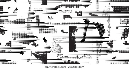 Glitch distorted grungy abstract forms . Halftone dots seamless pattern texture. Grange shapes .Grunge textured . Vector shapes with half tone dots .Screen print endless pattern texture