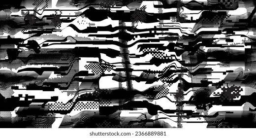 Glitch distorted grungy abstract forms . Halftone dots seamless pattern texture. Grange shapes .Grunge textured . Vector shapes with half tone dots .Screen print endless pattern texture