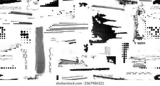 Glitch verzerrte grungy abstrakte Formen . Halftone schneidet nahtlose Muster-Textur ab. Grange Formen .Grunge strukturiert. Vektorformen mit Halbtonpunkten .Siebdruck-Endlosmuster-Struktur