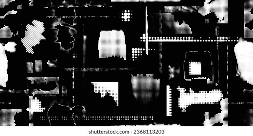 Glitch distorted grungy abstract forms . Halftone dots seamless pattern texture. Grange shapes .Grunge textured . Vector shapes with half tone dots .Screen print endless pattern texture