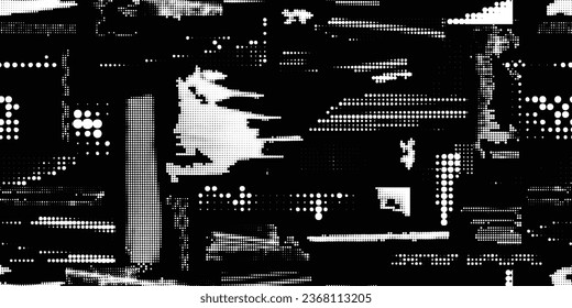 Glitch distorted grungy abstract forms . Halftone dots seamless pattern texture. Grange shapes .Grunge textured . Vector shapes with half tone dots .Screen print endless pattern texture