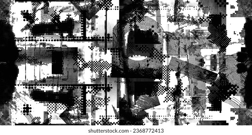 Formas abstractas de grisco distorsionadas. Los puntos de semitono tienen una textura de patrón sin fisuras. Formas negras. Grunge texturado. Formas vectoriales con puntos de medio tono .Imprimir pantalla textura de patrón interminable