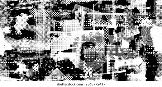 Formas abstractas de grisco distorsionadas. Los puntos de semitono tienen una textura de patrón sin fisuras. Formas negras. Grunge texturado. Formas vectoriales con puntos de medio tono .Imprimir pantalla textura de patrón interminable