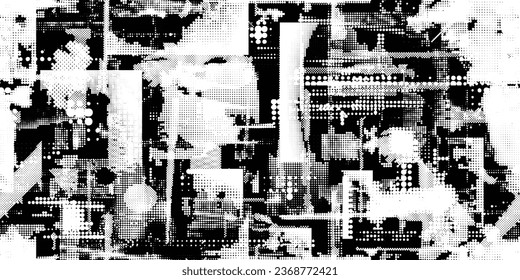 Glitch distorted grungy abstract forms . Halftone dots seamless pattern texture. Grange shapes .Grunge textured . Vector shapes with half tone dots .Screen print endless pattern texture