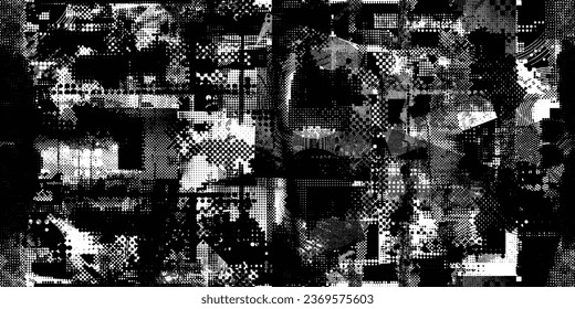 Glitch distorted grungy abstract forms . Halftone dots seamless pattern texture. Grange shapes .Grunge textured . Vector shapes with half tone dots .Screen print endless pattern texture