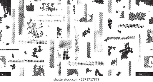 Glitch distorted grungy abstract forms . Halftone dots seamless pattern texture. Grange shapes .Grunge textured . Vector shapes with half tone dots .Screen print endless pattern texture