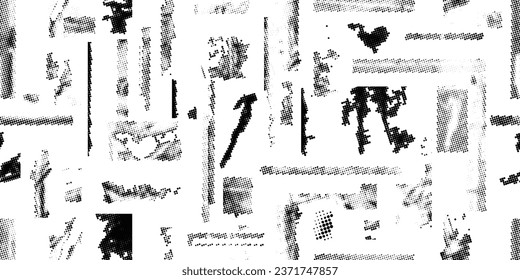 Formas abstractas de grisco distorsionadas. Los puntos de semitono tienen una textura de patrón sin fisuras. Formas negras. Grunge texturado. Formas vectoriales con puntos de medio tono .Imprimir pantalla textura de patrón interminable