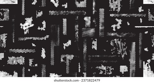 Glitch distorted grungy abstract forms . Halftone dots seamless pattern texture. Grange shapes .Grunge textured . Vector shapes with half tone dots .Screen print endless pattern texture