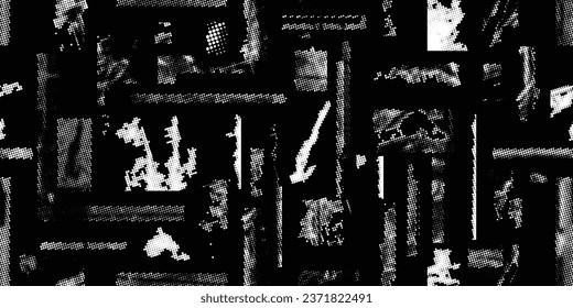 Formas abstractas de grisco distorsionadas. Los puntos de semitono tienen una textura de patrón sin fisuras. Formas negras. Grunge texturado. Formas vectoriales con puntos de medio tono .Imprimir pantalla textura de patrón interminable