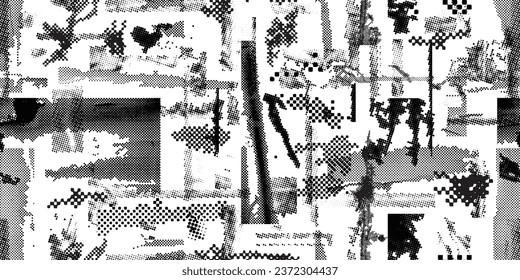 Glitch distorted grungy abstract forms . Halftone dots seamless pattern texture. Grange shapes .Grunge textured . Vector shapes with half tone dots .Screen print endless pattern texture