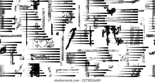 Formas abstractas de grisco distorsionadas. Los puntos de semitono tienen una textura de patrón sin fisuras. Formas negras. Grunge texturado. Formas vectoriales con puntos de medio tono .Imprimir pantalla textura de patrón interminable