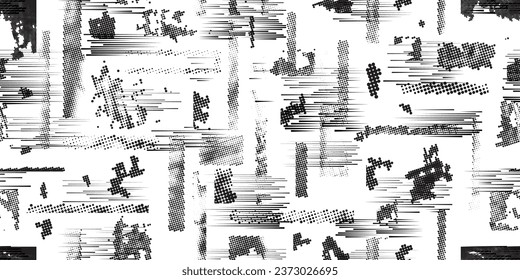 Glitch distorted grungy abstract forms . Halftone dots seamless pattern texture. Grange shapes .Grunge textured . Vector shapes with half tone dots .Screen print endless pattern texture