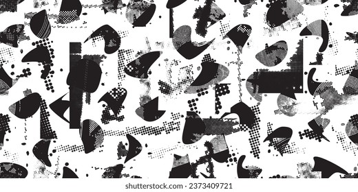 Glitch distorted grungy abstract forms . Halftone dots seamless pattern texture. Grange shapes .Grunge textured . Vector shapes with half tone dots .Screen print endless pattern texture