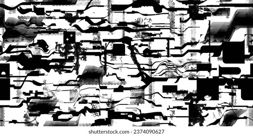 Formas abstractas de grisco distorsionadas. Los puntos de semitono tienen una textura de patrón sin fisuras. Formas negras. Grunge texturado. Formas vectoriales con puntos de medio tono .Imprimir pantalla textura de patrón interminable