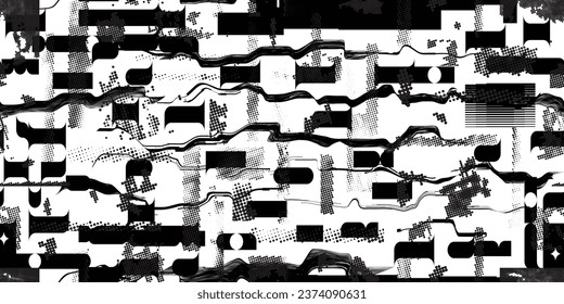 Formas abstractas de grisco distorsionadas. Los puntos de semitono tienen una textura de patrón sin fisuras. Formas negras. Grunge texturado. Formas vectoriales con puntos de medio tono .Imprimir pantalla textura de patrón interminable