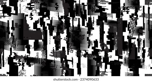 Glitch distorted grungy abstract forms . Halftone dots seamless pattern texture. Grange shapes .Grunge textured . Vector shapes with half tone dots .Screen print endless pattern texture