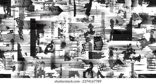 Glitch distorted grungy abstract forms . Halftone dots seamless pattern texture. Grange shapes .Grunge textured . Vector shapes with half tone dots .Screen print endless pattern texture