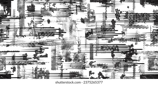 Glitch distorted grungy abstract forms . Halftone dots seamless pattern texture. Grange shapes .Grunge textured . Vector shapes with half tone dots .Screen print endless pattern texture