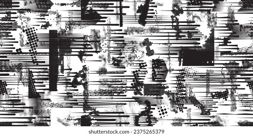 Formas abstractas de grisco distorsionadas. Los puntos de semitono tienen una textura de patrón sin fisuras. Formas negras. Grunge texturado. Formas vectoriales con puntos de medio tono .Imprimir pantalla textura de patrón interminable