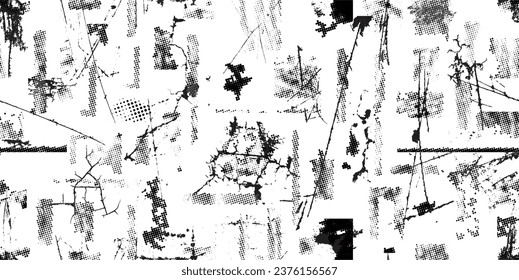 Glitch distorted grungy abstract forms . Halftone dots seamless pattern texture. Grange shapes .Grunge textured . Vector shapes with half tone dots .Screen print endless pattern texture