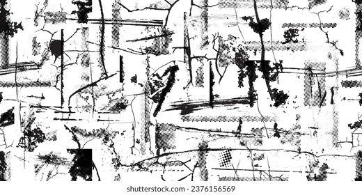 Formas abstractas de grisco distorsionadas. Los puntos de semitono tienen una textura de patrón sin fisuras. Formas negras. Grunge texturado. Formas vectoriales con puntos de medio tono .Imprimir pantalla textura de patrón interminable