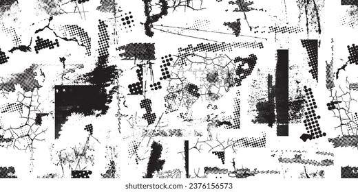 Formas abstractas de grisco distorsionadas. Los puntos de semitono tienen una textura de patrón sin fisuras. Formas negras. Grunge texturado. Formas vectoriales con puntos de medio tono .Imprimir pantalla textura de patrón interminable