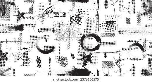 Glitch distorted grungy abstract forms . Halftone dots seamless pattern texture. Grange shapes .Grunge textured . Vector shapes with half tone dots .Screen print endless pattern texture