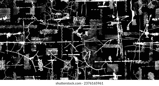 Glitch distorted grungy abstract forms . Halftone dots seamless pattern texture. Grange shapes .Grunge textured . Vector shapes with half tone dots .Screen print endless pattern texture
