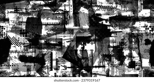 Glitch distorted grungy abstract forms . Halftone dots seamless pattern texture. Grange shapes .Grunge textured . Vector shapes with half tone dots .Screen print endless pattern texture