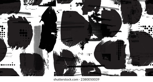 Glitch distorted grungy abstract forms . Brush strokes seamless pattern texture. Grange shapes .Grunge textured . Vector shapes with brush strokes .Screen print endless pattern texture