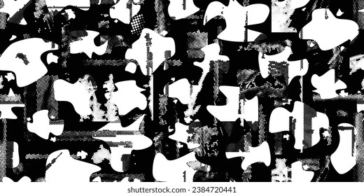 Glitch distorted grungy abstract forms . Halftone dots seamless pattern texture. Grange shapes .Grunge textured . Vector shapes with half tone dots .Screen print endless pattern texture