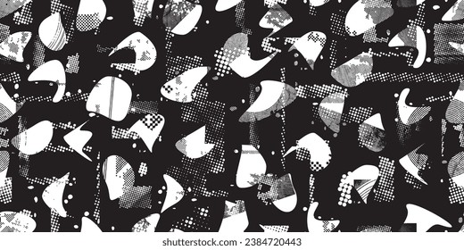 Formas abstractas de grisco distorsionadas. Los puntos de semitono tienen una textura de patrón sin fisuras. Formas negras. Grunge texturado. Formas vectoriales con puntos de medio tono .Imprimir pantalla textura de patrón interminable
