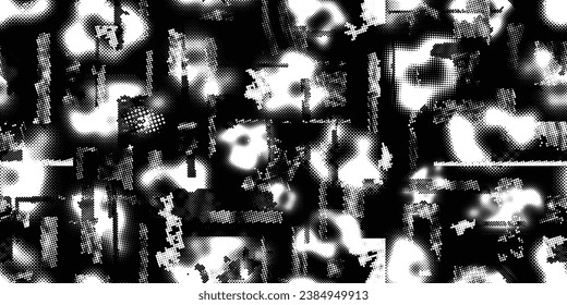 Glitch distorted grungy abstract forms . Halftone dots seamless pattern texture. Grange shapes .Grunge textured . Vector shapes with half tone dots .Screen print endless pattern texture