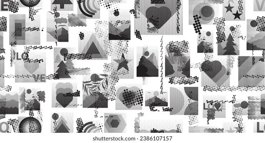 Glitch distorted grungy abstract forms . Halftone dots seamless pattern texture. Grange shapes .Grunge textured . Vector shapes with half tone dots .Screen print endless pattern texture