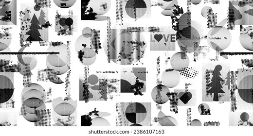 Formas abstractas de grisco distorsionadas. Los puntos de semitono tienen una textura de patrón sin fisuras. Formas negras. Grunge texturado. Formas vectoriales con puntos de medio tono .Imprimir pantalla textura de patrón interminable