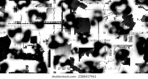 Glitch distorted grungy abstract forms . Blob shape organic seamless pattern texture. Fluid shapes .Grunge textured . Liquid vector shapes with halftone dots .Screen print endless pattern texture