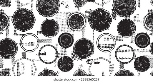 Glitch distorted grungy abstract forms . Halftone dots seamless pattern texture. Grange shapes .Grunge textured . Vector shapes with half tone dots .Screen print endless pattern texture